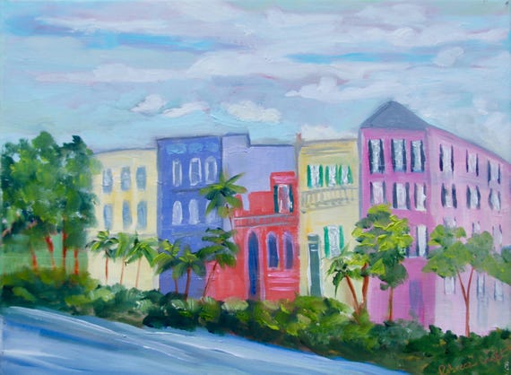 Rainbow Row Charleston SC Impressionist Original Oil Landscape Painting by Rebecca Croft Studios