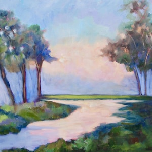 Large 18 x 24 South Carolina Marsh Landscape Modern Impressionist Oil Landscape Painting by Rebecca Croft Studios