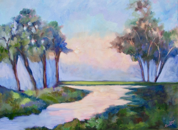 Large 18 x 24 South Carolina Marsh Landscape Modern Impressionist Oil Landscape Painting by Rebecca Croft Studios