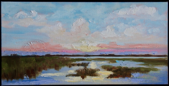 8 x 16 Charleston Marsh Original Oil Painting by Rebecca Croft Studios Low Country Landscape Art