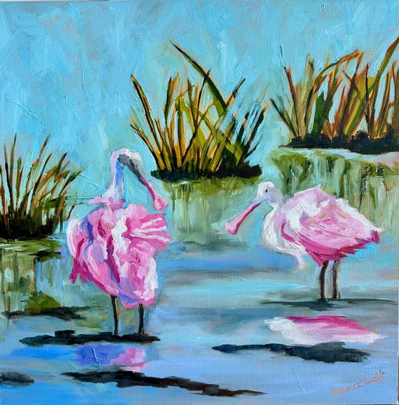 Marsh Bird Spoonbills Charleston Kiawah SC Impressionist Original Oil Landscape Painting by Rebecca Croft Studios