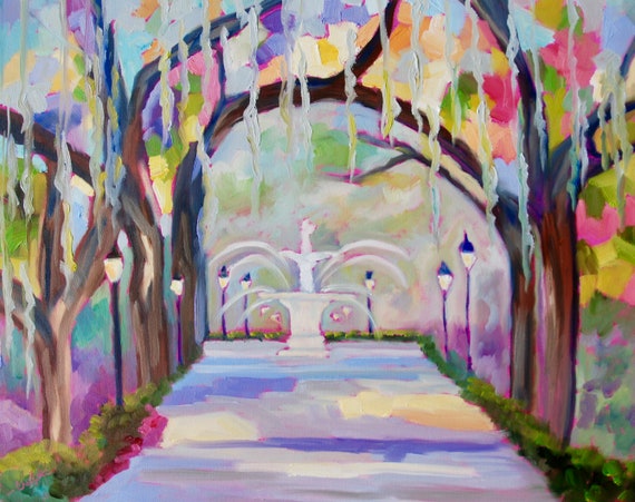 Forsyth Park Savannah Georgia Impressionist Original Oil Landscape Painting by Rebecca Croft Studios