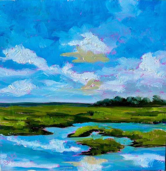8 x 8 Charleston SC Low Country Modern Impressionist Oil Landscape Textured Painting by Rebecca Croft Studios