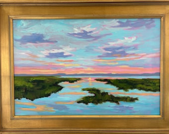 20 x 30 Large Colorful Low Country Marsh Textured Landscape Oil Painting by Rebecca Croft Studios