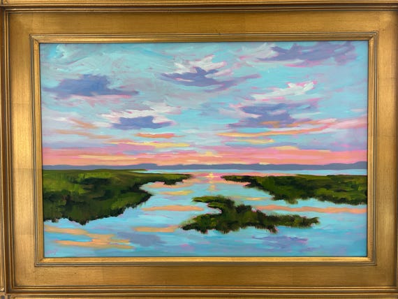 20 x 30 Large Colorful Low Country Marsh Textured Landscape Oil Painting by Rebecca Croft Studios