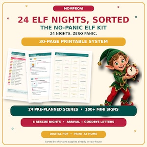 Könnte beinhalten: Ein 30-seitiges druckbares digitales PDF-Set mit dem Titel 24 Elf Nights, Sorted. Das Set enthält 24 vorgeplante Szenen, über 100 Mini-Schilder, 6 Rettungsnächte sowie Ankunfts- und Abschiedsbriefe. Eine Illustration eines lächelnden Elfen ist zu sehen.