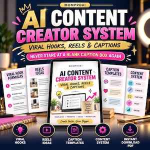 May include: A digital product display titled AI Content Creator System featuring viral hooks, reels, and captions. The central tablet shows a guide with templates, prompts, and workflows. Surrounding pages detail formulas, ideas, and content systems.