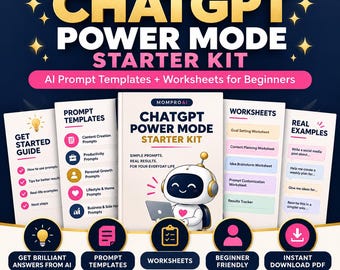 Può includere: Il kit di avvio ChatGPT Power Mode di MomproAI include una guida, modelli di prompt, fogli di lavoro ed esempi reali. Il libro centrale mostra un robot dei cartoni animati con un portatile, mentre le icone circolari evidenziano funzioni come risposte brillanti, modelli, fogli di lavoro, contenuti per principianti e download PDF istantanei.