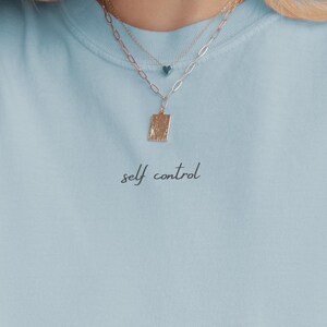 May include: A light blue crew neck t-shirt with the words "self control" in a handwritten font. The shirt is paired with a gold necklace with a rectangular pendant and a smaller necklace with a blue heart charm. Gold hoop earrings are also visible.