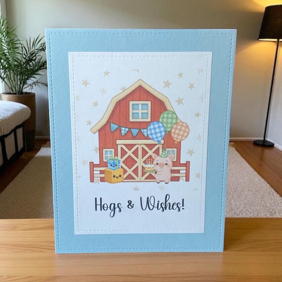 Pig Birthday Card: Handmade Farm Animal Barn Card