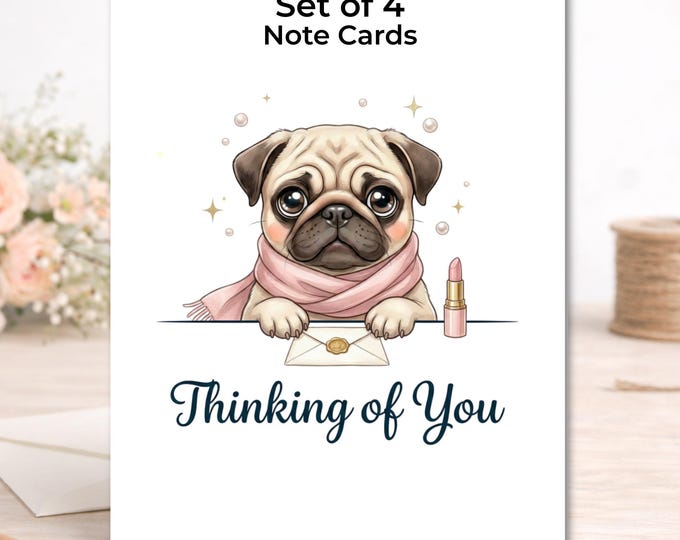 Set of 4 Pug Thinking of You Cards – Dog Lover Stationery, Encouragement Note