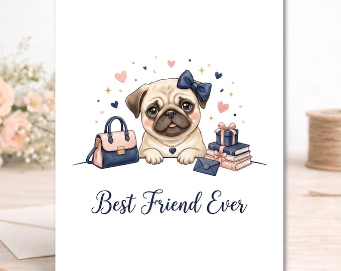 Pug Friendship Card – Preppy Puppy Bestie Greeting, Navy Blush Style (A2 Size)