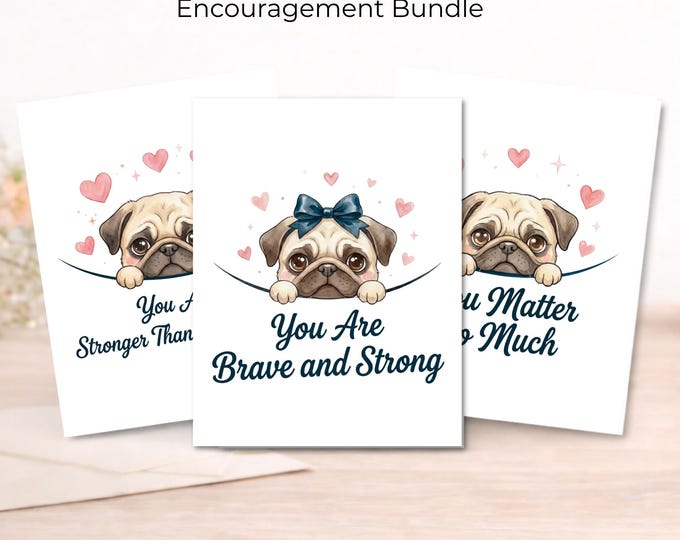 Pug Encouragement Cards, Emotional Support, Thinking of You (Set of 3)