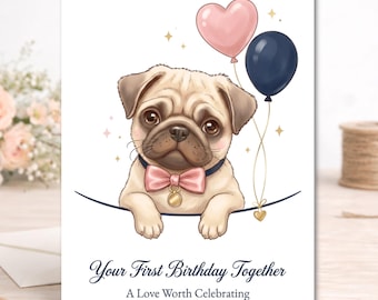 Luxury Pug Birthday Card – First Year Together, Dog Mom Celebration, Watercolor Illustration