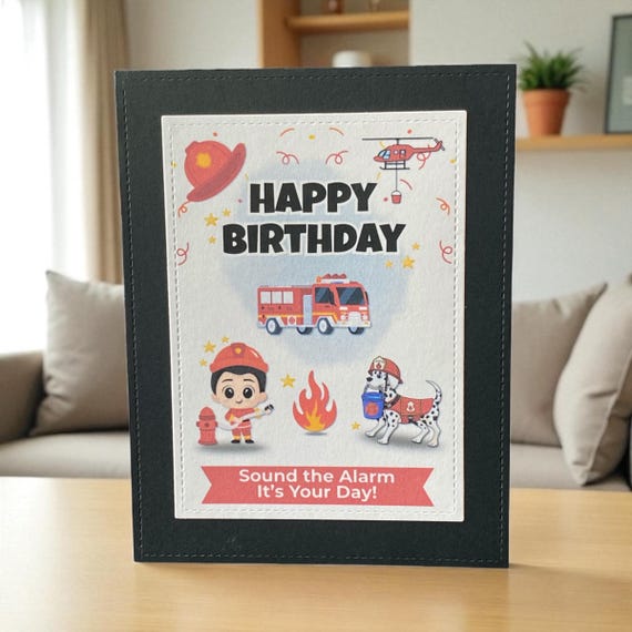 Firefighter Birthday Card for Kids – Handmade Fire Truck Card with Dalmatian Puppy