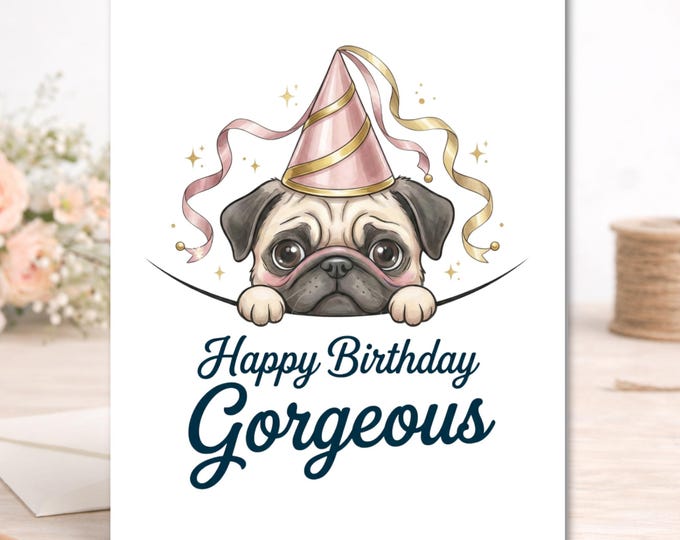 Pug Birthday Card – Watercolor Puppy with Party Hat