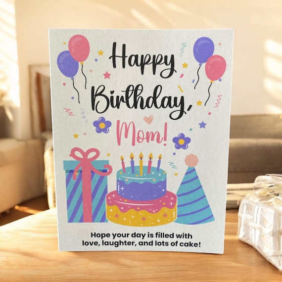 Handmade Birthday Card for Mom: Cake & Balloons - A2 Size