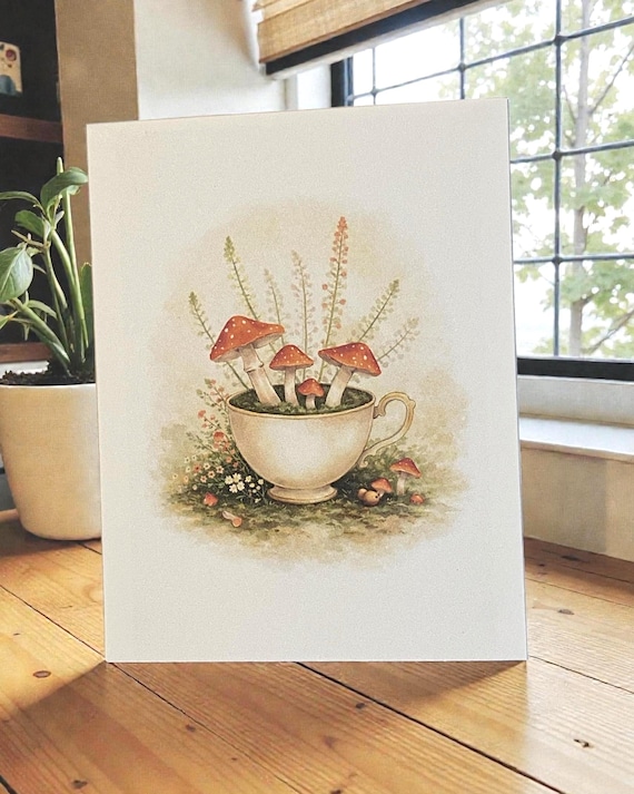 Cottagecore Mushroom Greeting Card Set – Watercolor Teacup Cards – Blank Note Cards – Nature Stationery – Mushroom Aesthetic Gifts