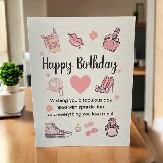 Girly Birthday Card – Handmade Fun Illustration, Personalized Message