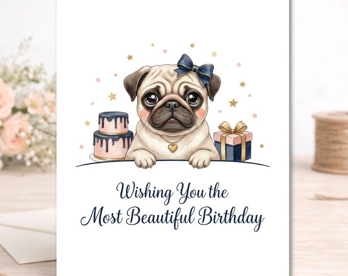 Pug Birthday Card – Pink Navy Watercolor Illustration, Dog Lover Greeting