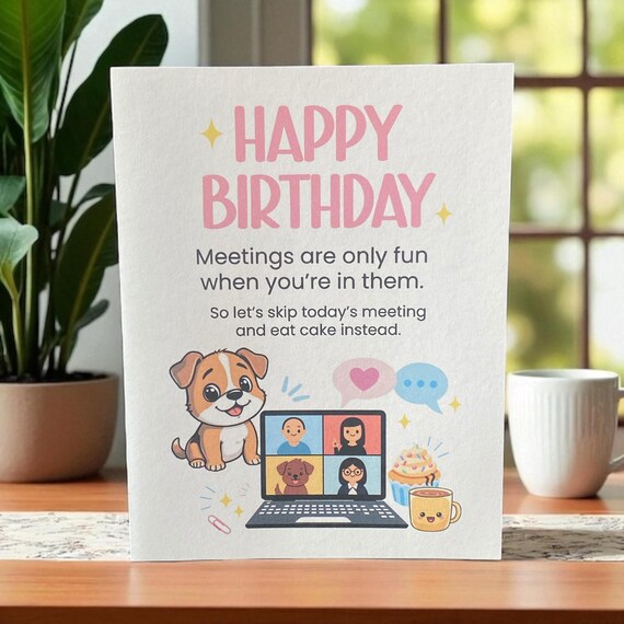 Funny Coworker Birthday Card – Zoom Meeting, Dog & Cake