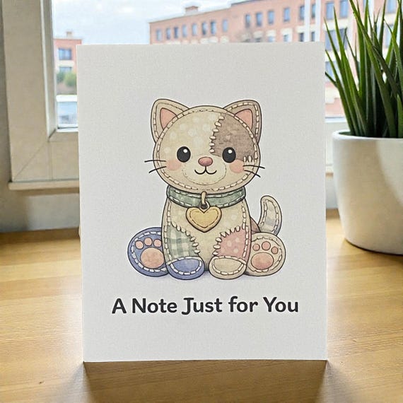Cute Patchwork Notecards – A2 Size, Stitched-Style Cat, Dog, Heart & Flower Designs, Choose Individual, Set of 4 (Same or Mixed)
