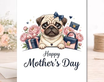 Elegant Pug Mother's Day Card – Pink Peonies, Navy Script, Dog Mom Gift
