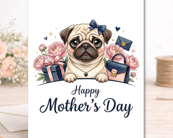 Elegant Pug Mother's Day Card – Pink Peonies, Navy Script, Dog Mom Gift