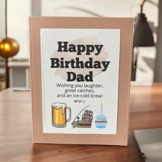 Funny Beer & Fishing Birthday Card for Dad - Handmade Rustic Card