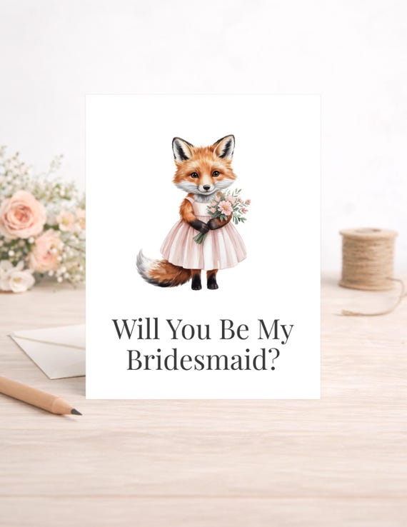 Fox Bridesmaid Proposal Card, Floral Wedding Party Ask