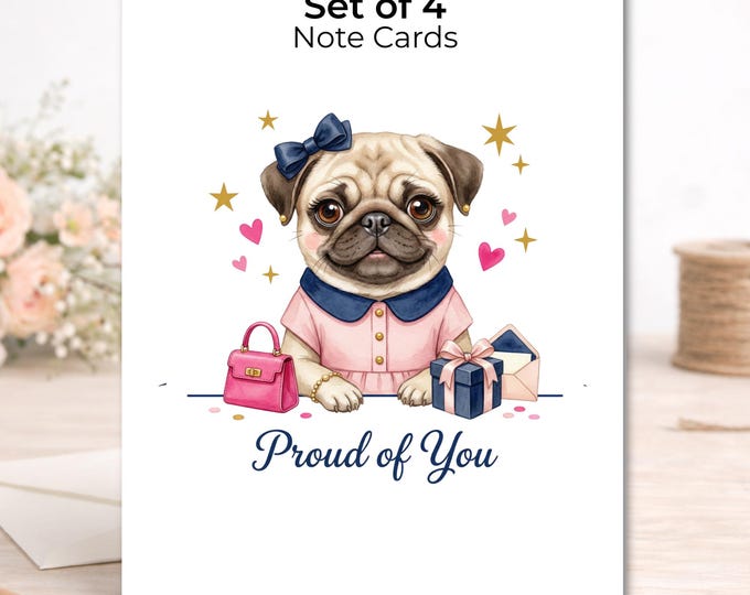 Set of 4 Pug Encouragement Cards – Preppy Illustration, Graduation Support Stationery