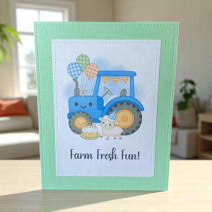 Farm Fresh Fun Tractor Birthday Card – Handmade Farm Animal Kids Card – Cute A2 Birthday