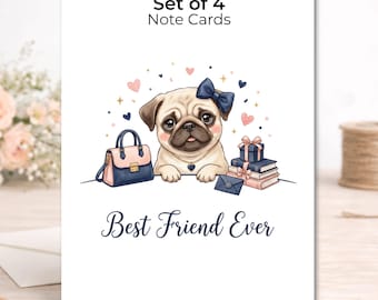 Set of 4 Pug Friendship Cards – Preppy Dog Stationery, Bestie Notes
