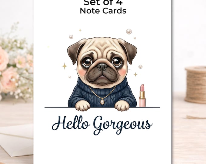 Set of 4 Pug Note Cards – Dog Lover Stationery with Envelopes