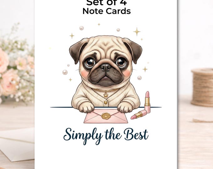 Set of 4 Pug Note Cards – Illustrated Dog Lover Appreciation Stationery