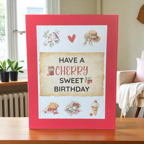 Cherry Sweet Birthday Card – Handmade Fruit-Themed Greeting with Pie and Ice Cream