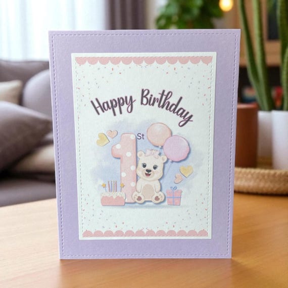 Girl’s 1st Birthday Card – Handmade Pink Bear with Balloons – Lavender Frame