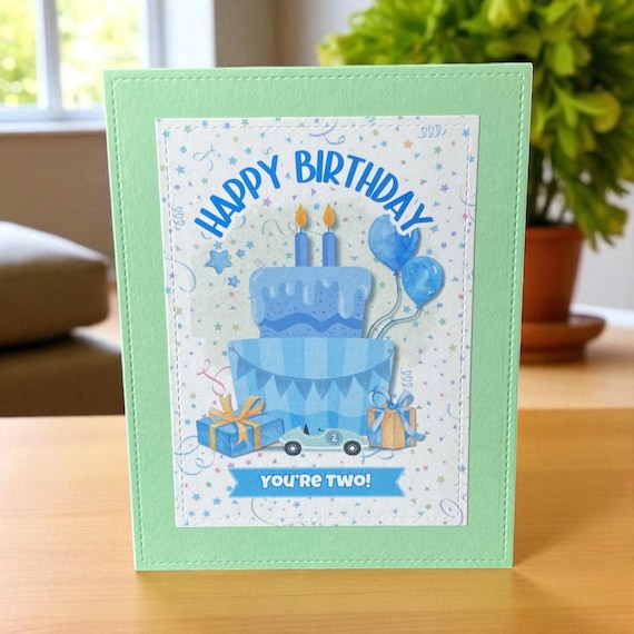 Handmade Boy 2nd Birthday Card: Cake & Car
