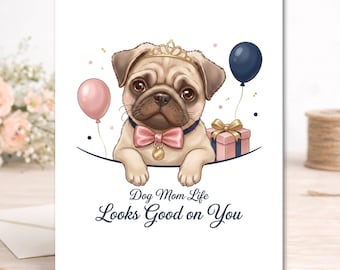 Pug Dog Mom Birthday Card – Preppy Pink Navy Pug Lover Gift