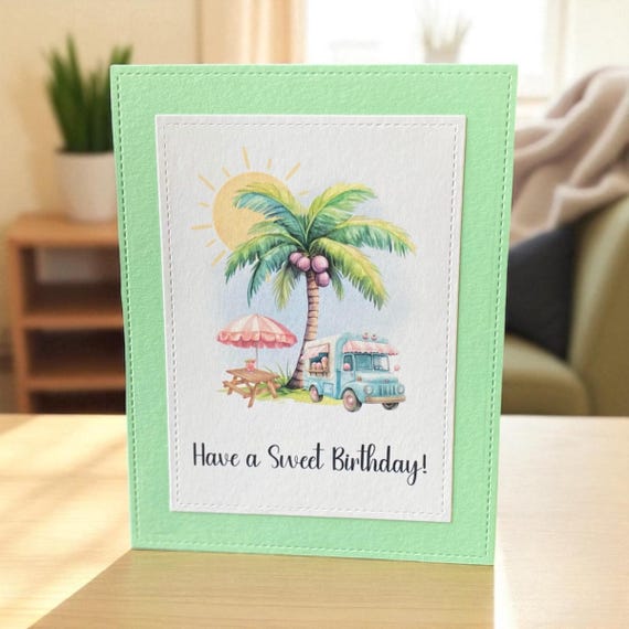 Tropical Ice Cream Truck Birthday Card: Handmade Stitched Greeting