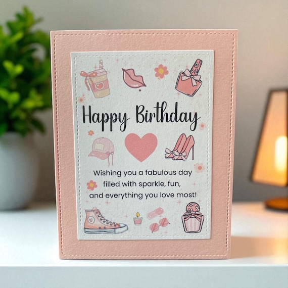 Pink Birthday Card – Girly Sparkle, Faux Stitching