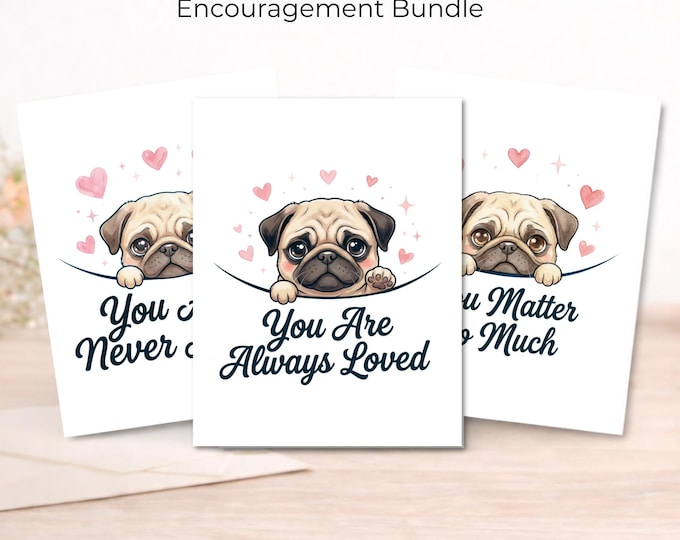 Pug Encouragement Cards, Emotional Support, Thinking of You (Set of 3)