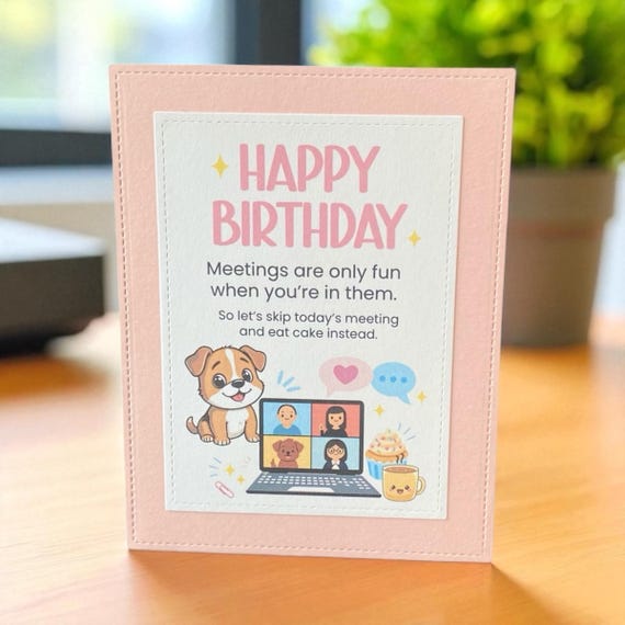 Funny Coworker Birthday Card – Puppy Zoom Meeting, Handmade