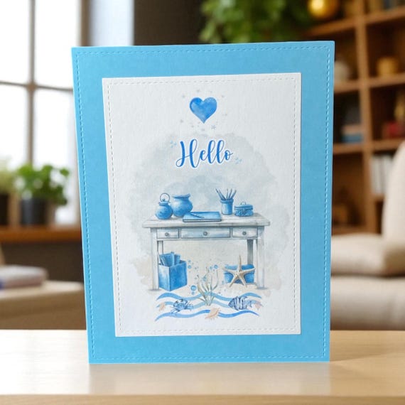 Coastal Hello Card – Beach Desk Stationery with Ocean Details – Handmade Card