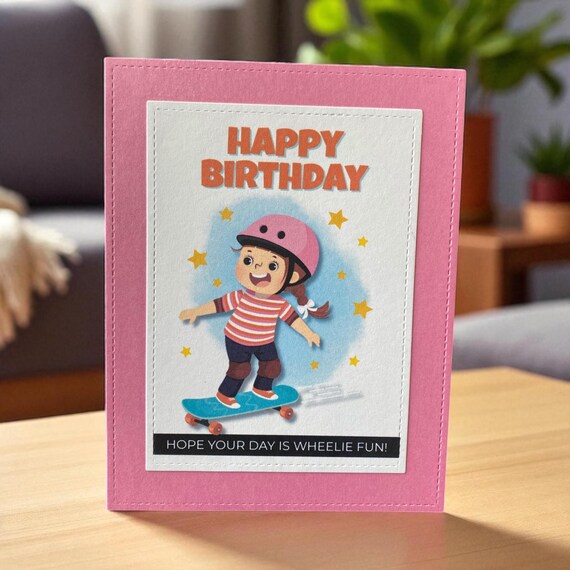 Skateboard Girl Birthday Card – Fun Pink Card for Kids