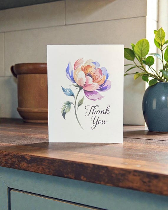 Thank You Card Set – Watercolor Floral Design, Blank Inside, Pack of 4/8/12