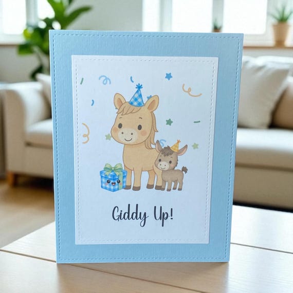 Giddy Up Horse Birthday Card – Handmade Kids Farm Animal Greeting – Cute Pony Party Card