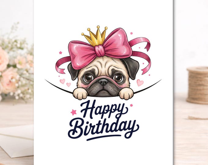Princess Pug Birthday Card, Dog Lover Greeting Card