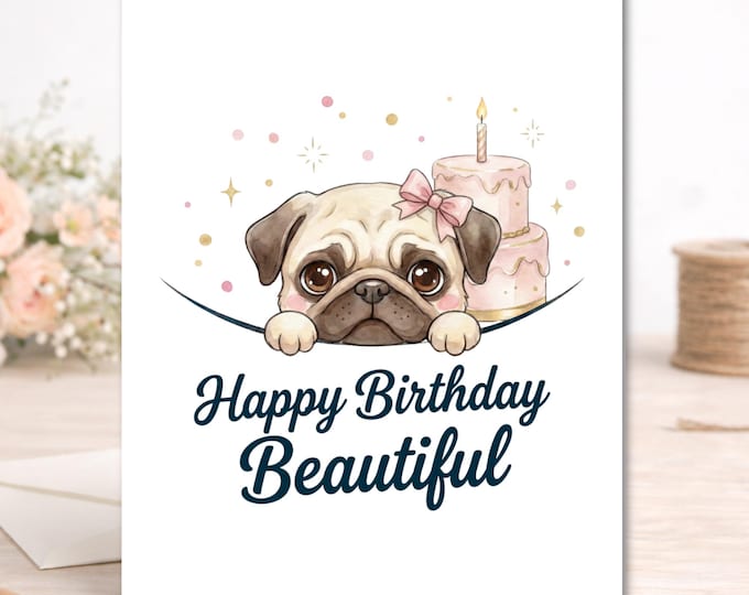 Princess Pug Birthday Card – Girly Pink & Gold Cake Greeting