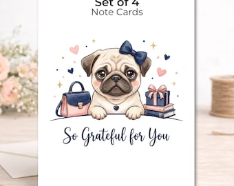 Pug Thank You Cards – Preppy Dog Stationery Set of 4, Appreciation Notes